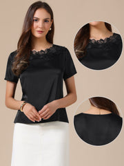 Satin Dressy Casual Short Sleeve Flower Lace Blouse