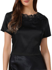 Satin Dressy Casual Short Sleeve Flower Lace Blouse