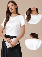 Satin Dressy Casual Short Sleeve Flower Lace Blouse