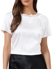 Satin Dressy Casual Short Sleeve Flower Lace Blouse