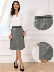 Faux Leather Belted A-Line High Waist Midi Skirt