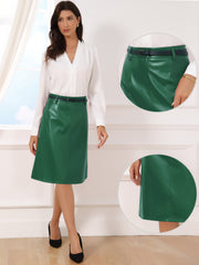 Faux Leather Belted A-Line High Waist Midi Skirt