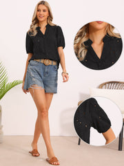 Hollow Out Eyelet Puff Sleeves V Neck Blouse