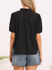 Hollow Out Eyelet Puff Sleeves V Neck Blouse