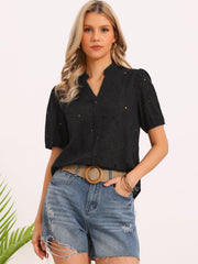 Hollow Out Eyelet Puff Sleeves V Neck Blouse
