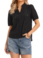 Hollow Out Eyelet Puff Sleeves V Neck Blouse