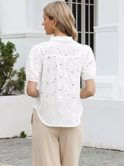Hollow Out Eyelet Puff Sleeves V Neck Blouse