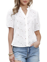 Hollow Out Eyelet Puff Sleeves V Neck Blouse