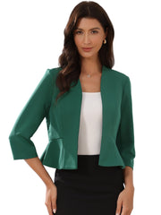 Open Front Collarless 3/4 Sleeve Peplum Cropped Jacket