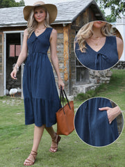 Sleeveless Smocked A-Line Pocketed Tiered Midi Dress