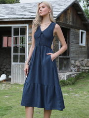 Sleeveless Smocked A-Line Pocketed Tiered Midi Dress