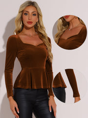 Velvet Blouse Elegant Sweetheart Neck Long Sleeve Peplum Top
