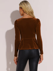 Velvet Blouse Elegant Sweetheart Neck Long Sleeve Peplum Top