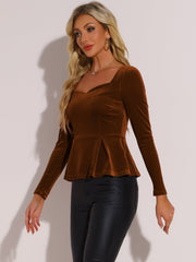 Velvet Blouse Elegant Sweetheart Neck Long Sleeve Peplum Top