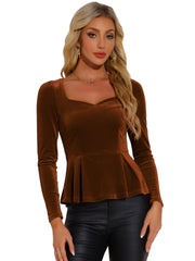 Velvet Blouse Elegant Sweetheart Neck Long Sleeve Peplum Top