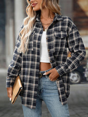Plaid Turn Down Collar Long Sleeves Pocketed Shirt