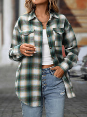 Plaid Turn Down Collar Long Sleeves Pocketed Shirt