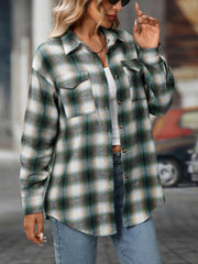 Plaid Turn Down Collar Long Sleeves Pocketed Shirt