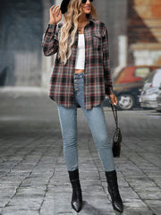 Plaid Turn Down Collar Long Sleeves Pocketed Shirt