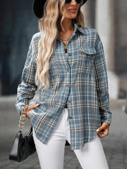 Plaid Turn Down Collar Long Sleeves Pocketed Shirt
