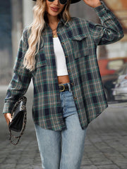 Plaid Turn Down Collar Long Sleeves Pocketed Shirt