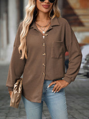 Waffle Textured Solid Color Long Sleeve Shirt