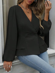 V Neck Puff Long Sleeves Solid Color Peplum Blouse