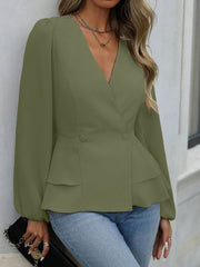 V Neck Puff Long Sleeves Solid Color Peplum Blouse