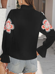Ruffled Notch Neck Floral Puff Long Sleeves Blouse