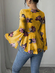 Floral Lace-Up Bow Long Sleeve Babydoll Blouse