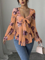 Floral Lace-Up Bow Long Sleeve Babydoll Blouse