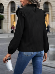 Ruffled Mock Neck Lantern Sleeves Textured Blouse