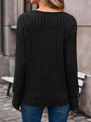 Long Sleeve V Neck Solid Color Button Decor Blouse