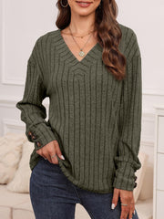 Long Sleeve V Neck Solid Color Button Decor Blouse