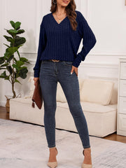 Long Sleeve V Neck Solid Color Button Decor Blouse