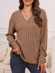 Long Sleeve V Neck Solid Color Button Decor Blouse