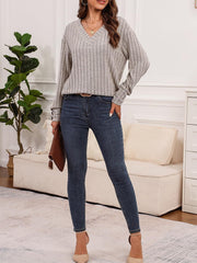Long Sleeve V Neck Solid Color Button Decor Blouse