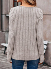 Long Sleeve V Neck Solid Color Button Decor Blouse