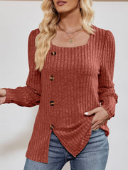 Square Neck Long Sleeve Button Decor Split Blouse