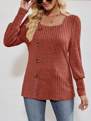 Square Neck Long Sleeve Button Decor Split Blouse