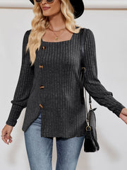 Square Neck Long Sleeve Button Decor Split Blouse
