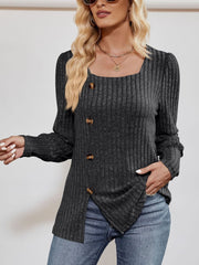 Square Neck Long Sleeve Button Decor Split Blouse