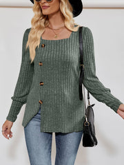 Square Neck Long Sleeve Button Decor Split Blouse