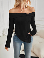 Bow Off Shoulder Long Sleeves Solid Color Blouse