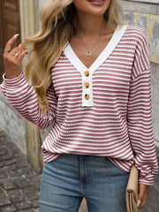 V Neck Button Down Pullover Casual Long Sleeved Blouse
