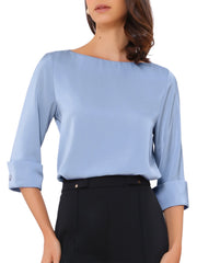 Dressy Casual Boat Neck 3/4 Sleeve Work Satin Blouse
