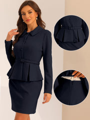 2pc Business Suits Belted Peplum Blazer Jacket and Pencil Skirt Sets