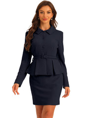 2pc Business Suits Belted Peplum Blazer Jacket and Pencil Skirt Sets