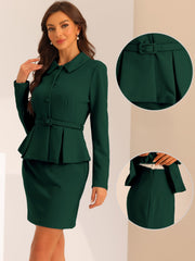 2pc Business Suits Belted Peplum Blazer Jacket and Pencil Skirt Sets
