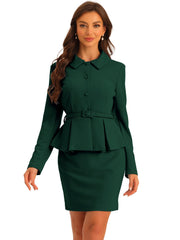 2pc Business Suits Belted Peplum Blazer Jacket and Pencil Skirt Sets